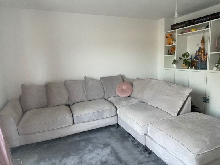 SOLD - Furniture Village silver corner sofa and pouffe