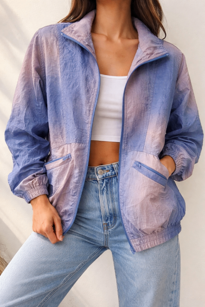 Vintage 90s Pastel Windbreaker Jacket – Blue Pink Gradient Lightweight Zip-Up Sport Gym