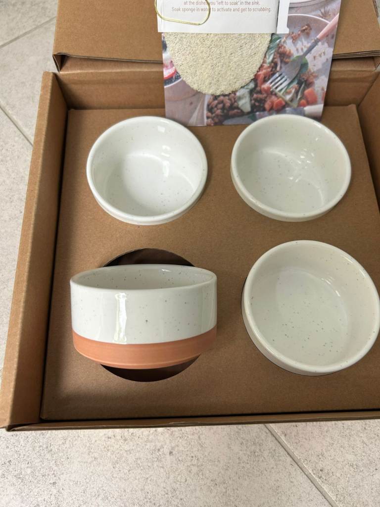4 x “Our Place” white speckled small bowls terracotta base NEW