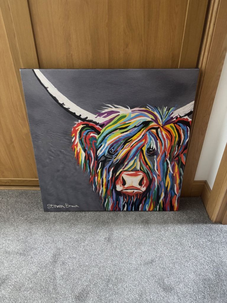 Vibrant Highland Cow Painting by Steven Brown – Excellent Condition