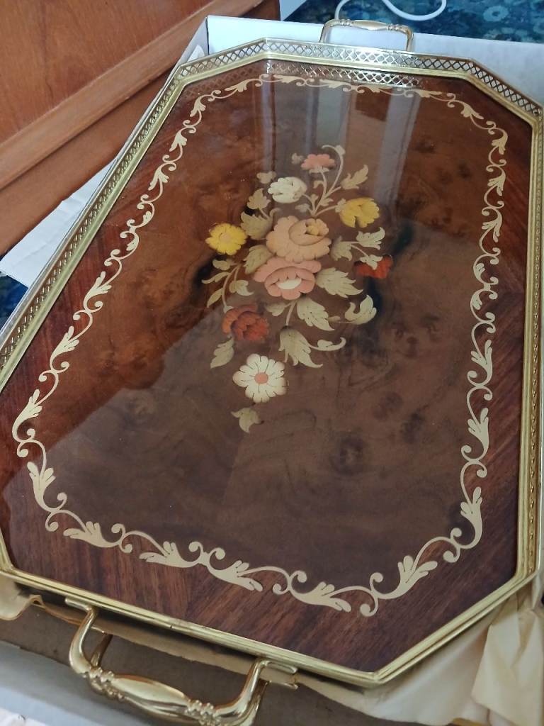 Pair of Vintage Italian Marquetry Wooden Serving Trays with Brass Handles