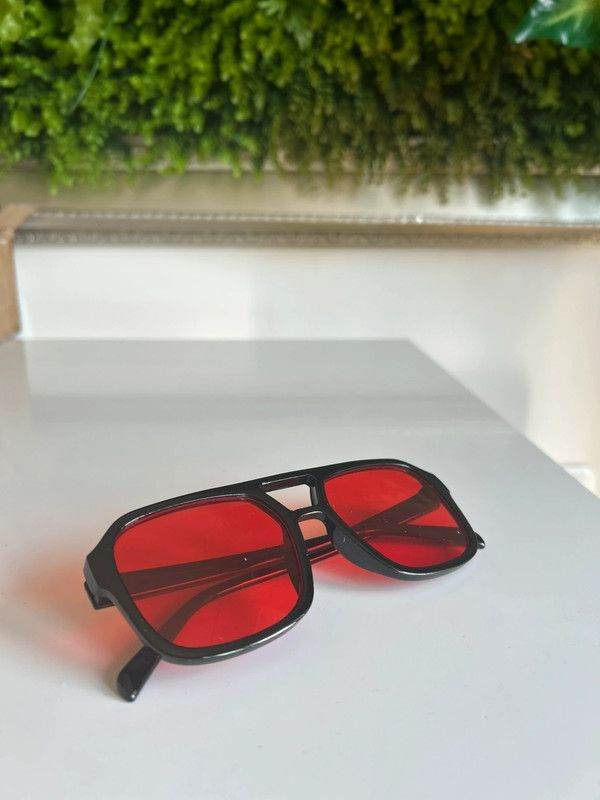 Unisex - Red lens black frame flat top square sunglasses
