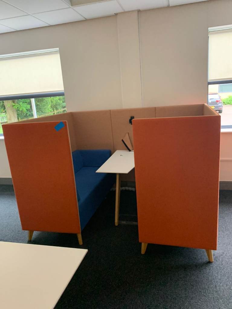 Office Meeting Booth – Blue Seating with Table, Good Condition