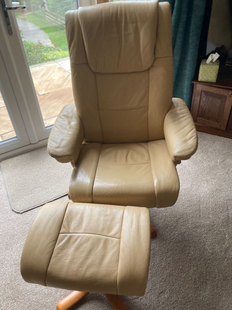 Cream Leather Recliner Armchair with Footstool – Good Condition