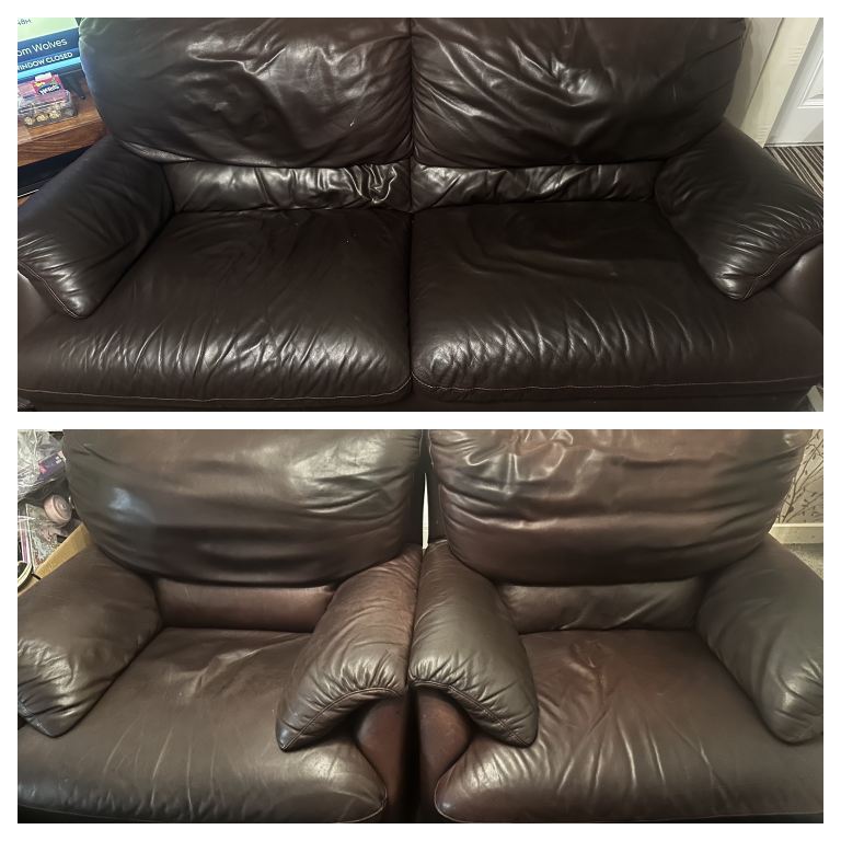 Brown leather sofa and 2x armchairs