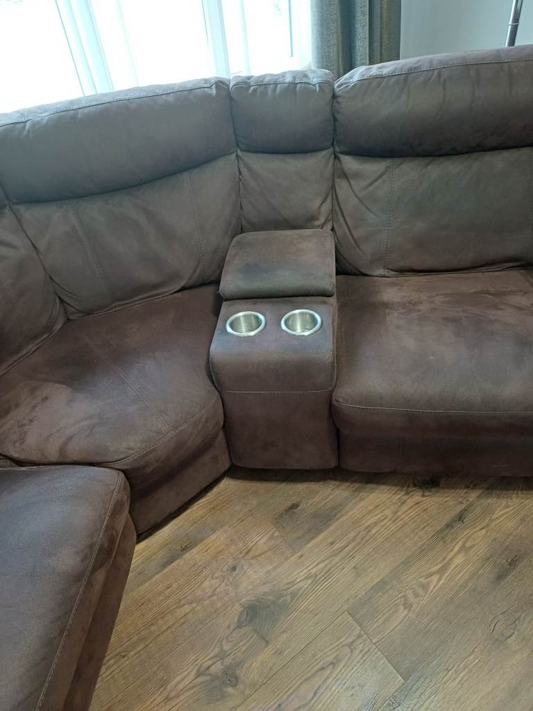 Brown suede electric corner reclining sofa and dining room table and chairs 