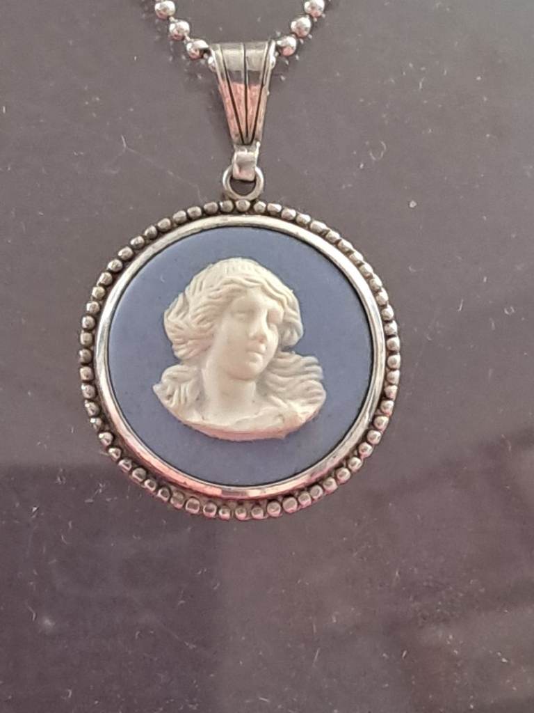 Vintage WEDGWOOD Blue Jasperware Sterling Silver Cameo Pendant and sterling silver chain