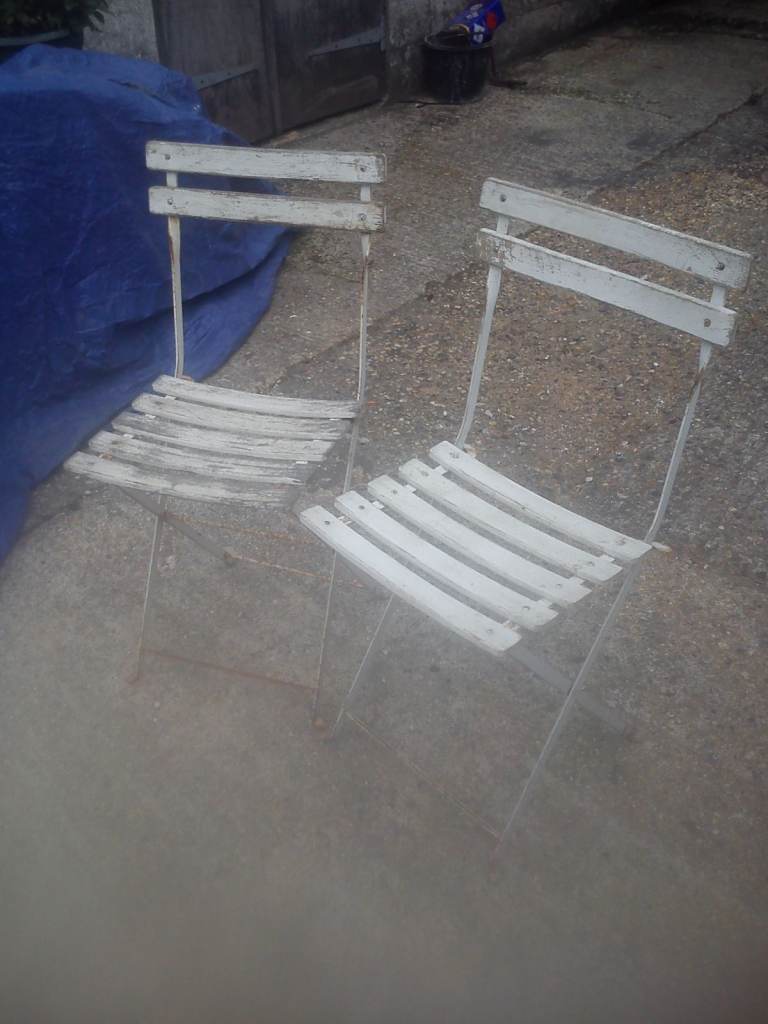 Pair of vintage, shabby chic, steel and teak, folding bistro chairs.