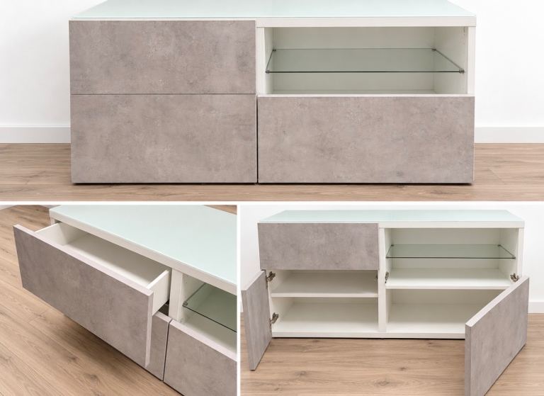 Stylish TV Unit with Concrete-Effect Finish and Glass Top