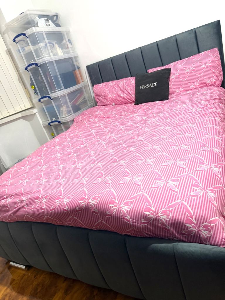 Stylish Grey Velvet Double Bed Frame – Good Condition