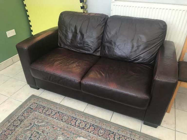 2 Seater Genuine Leather Sofa Dark Brown - FREE