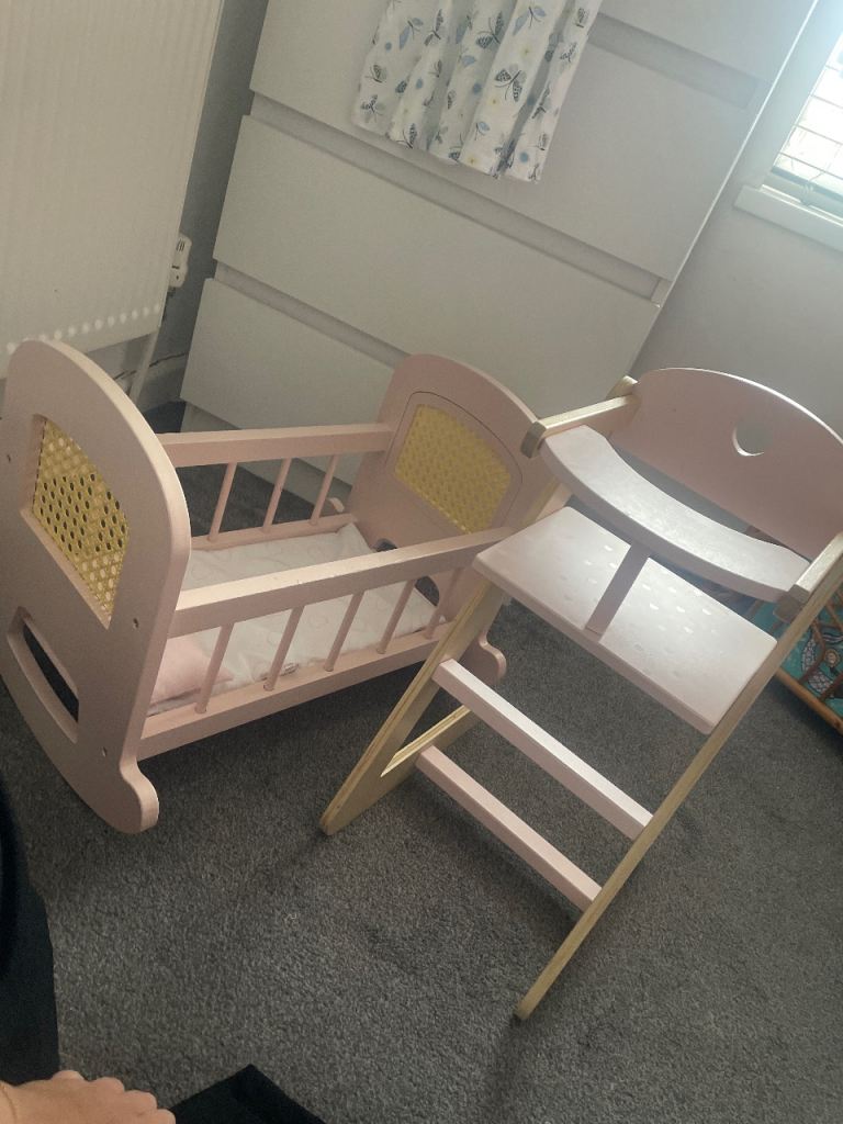 Dolls wooden cot & high chair 