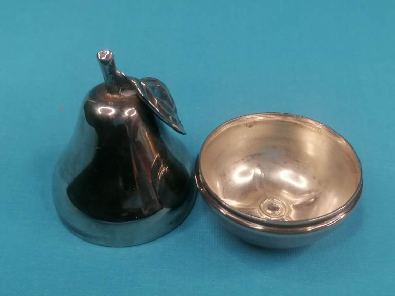 Vintage silver metal pear trinket box, 1970. As seen.