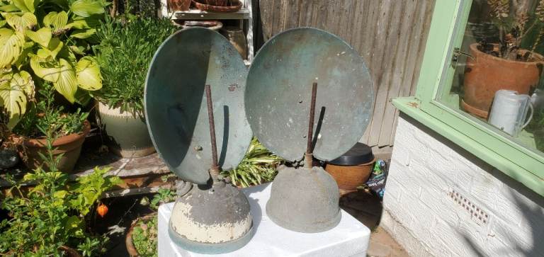Pair of Vintage Metal Garden Lamps / Lights - Weathered Green