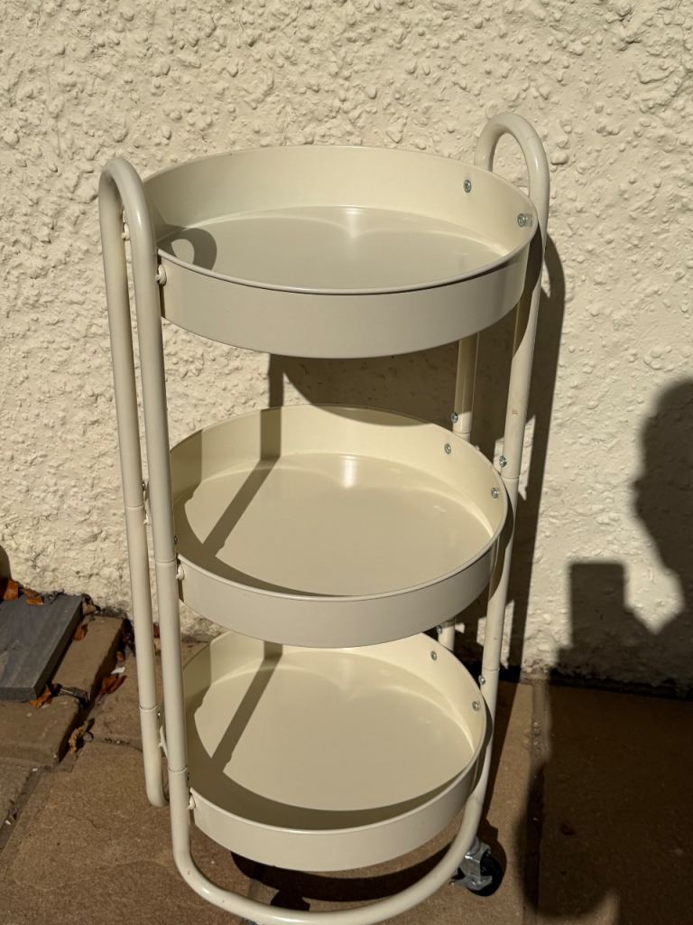 Cream Metal 3-Tier Storage Trolley on Wheels