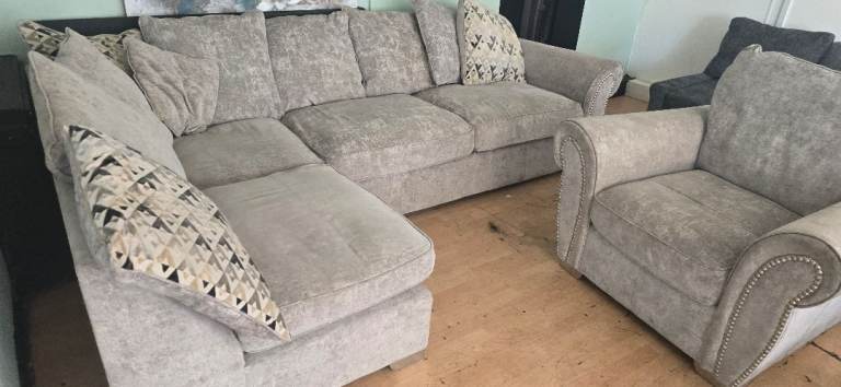 SCS Grey Studed Corner L shape Sofa + ArmChair £350