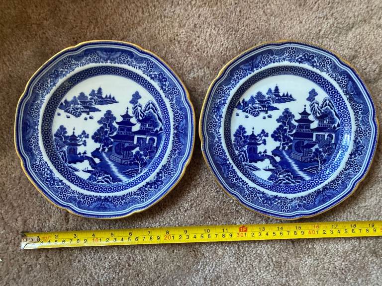 Antique  pair of Early 19th Century Spode Blue and White  "Pagoda" Stone China Bowls gold trim 