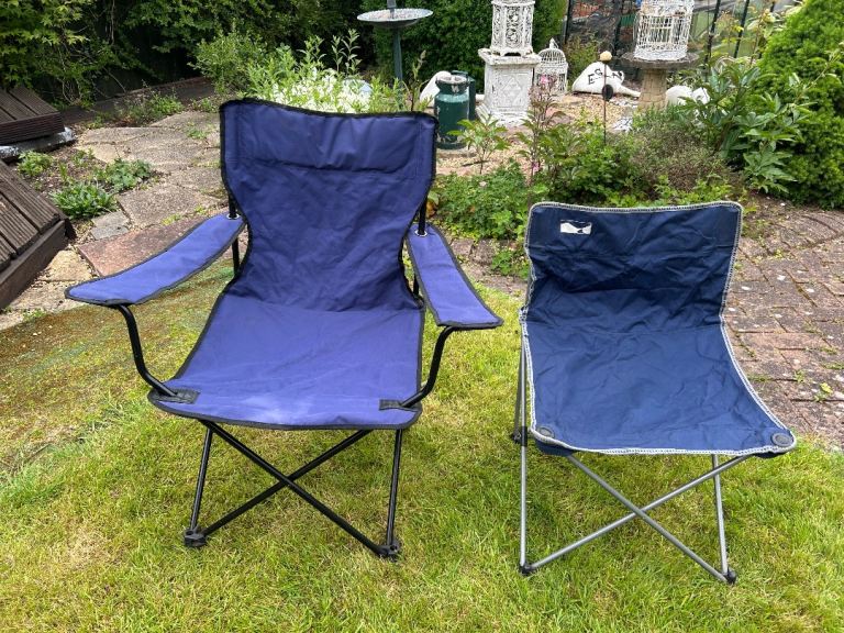 2 Dark Blue Folding Camping Chairs  85cm x 90cm with bag 50cm x 70cm no bag Good condition  J244