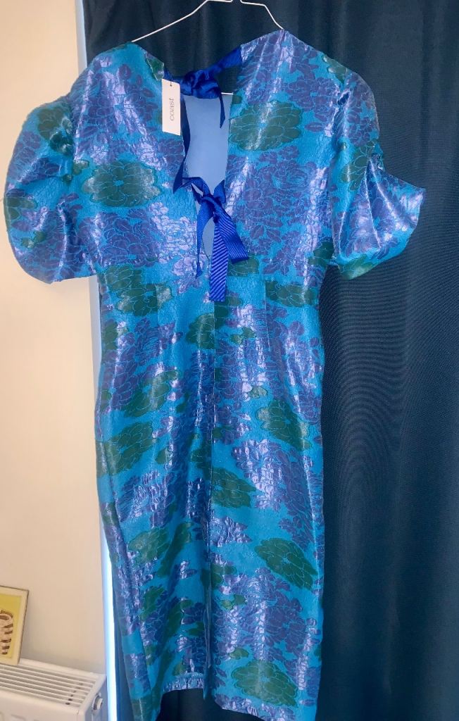 COAST Blue Floral Puff Sleeve Midi Dress NEW size UK 12-14