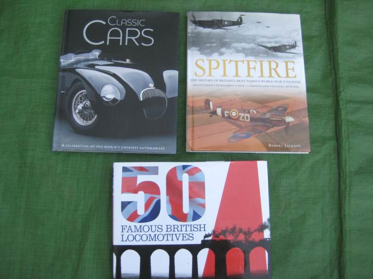 Three Hardback Books in Colour: Classic Cars, Spitfire and 50 Famous British Locomotives: £4.00 EACH