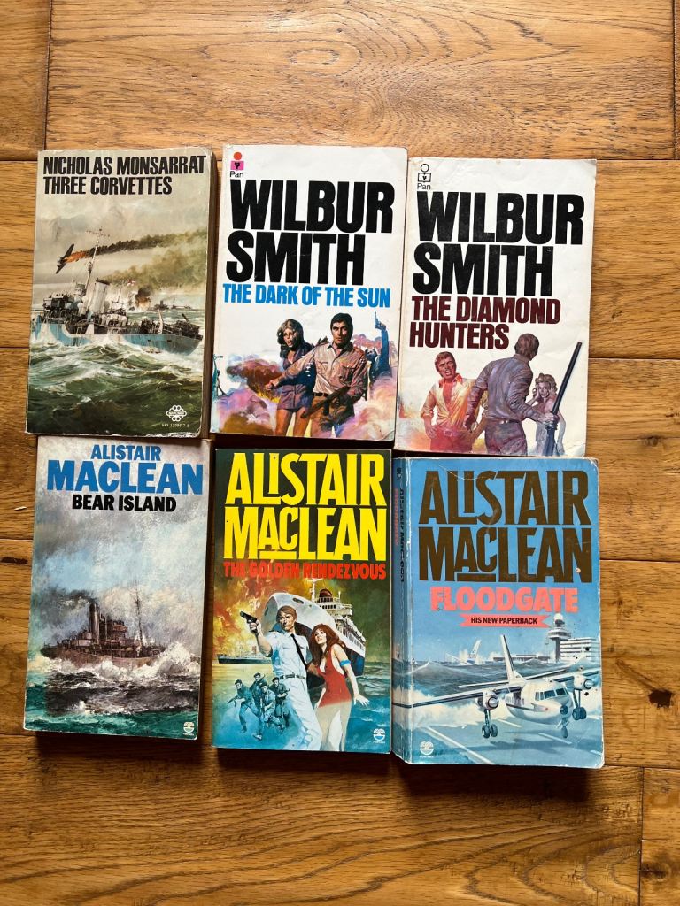 6 war/adventure story books. Alistair Maclean, Wilbur Smith.