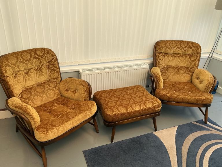 VINTAGE ERCOL GOLDEN JUBILEE ARMCHAIRS AND MATCHING FOOTSTOOL IN VERY GOOD CONDITION 