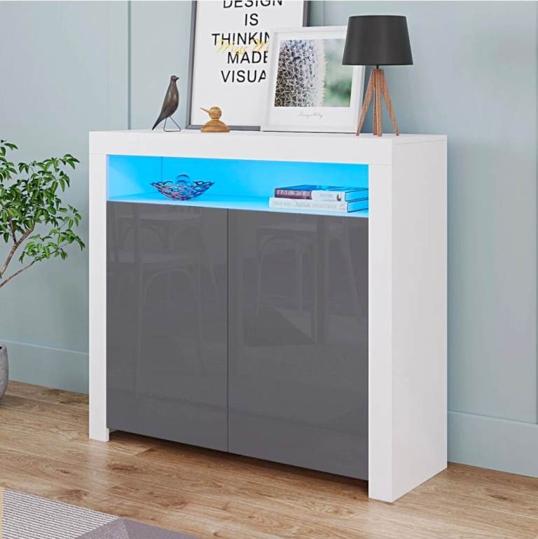 High Gloss 2 Doors Matt Body Sideboard Storage Cupboard Living Room Bar Cabinet White with grey door