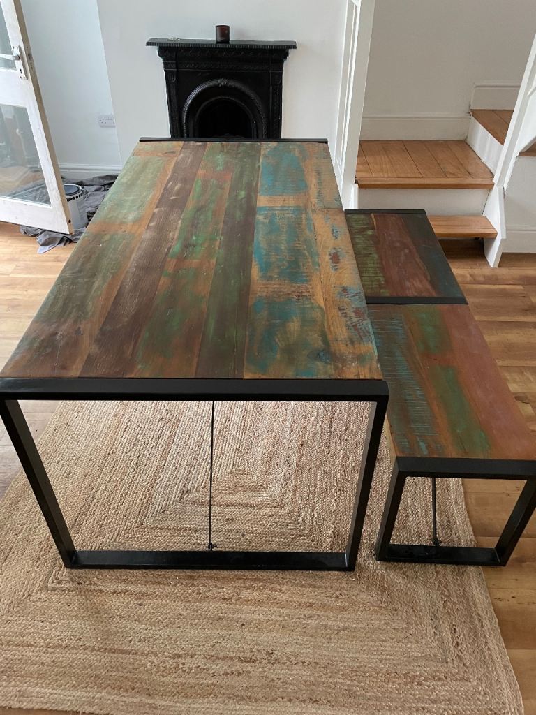 Industrial Style Dining Table and Bench Set – Reclaimed Wood