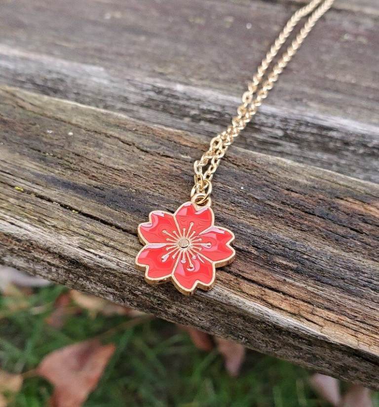 Sakura Necklace – Delicate Pink Flower Pendant, Brand New