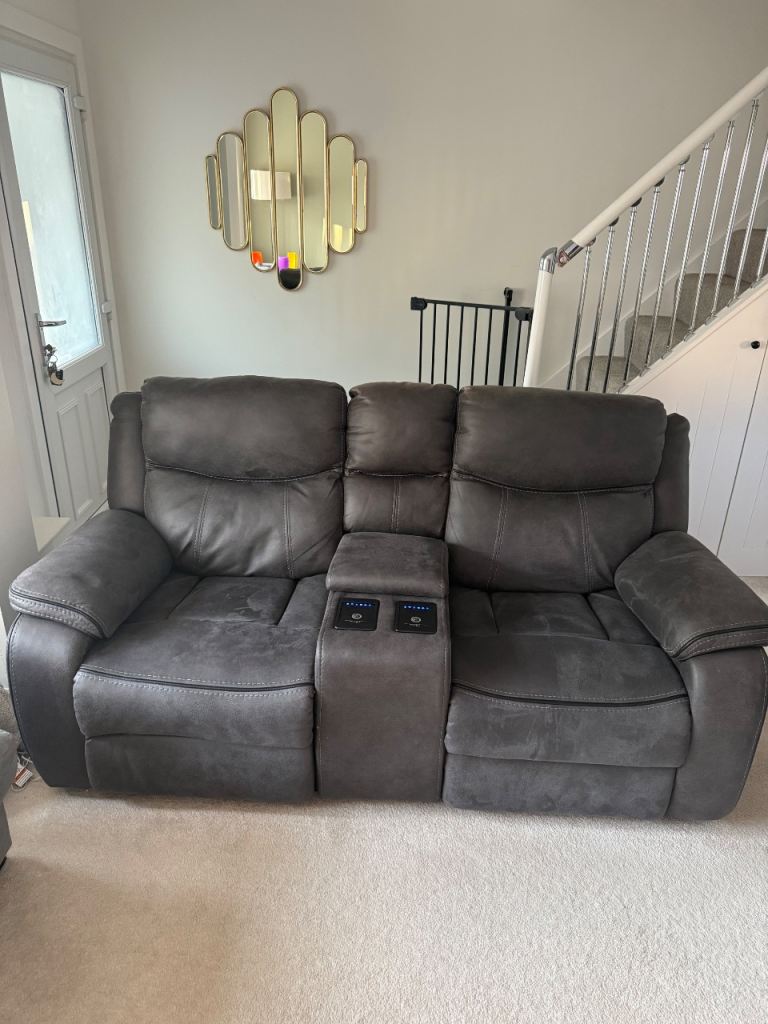Comfortable Grey Fabric Recliner Sofa with Console