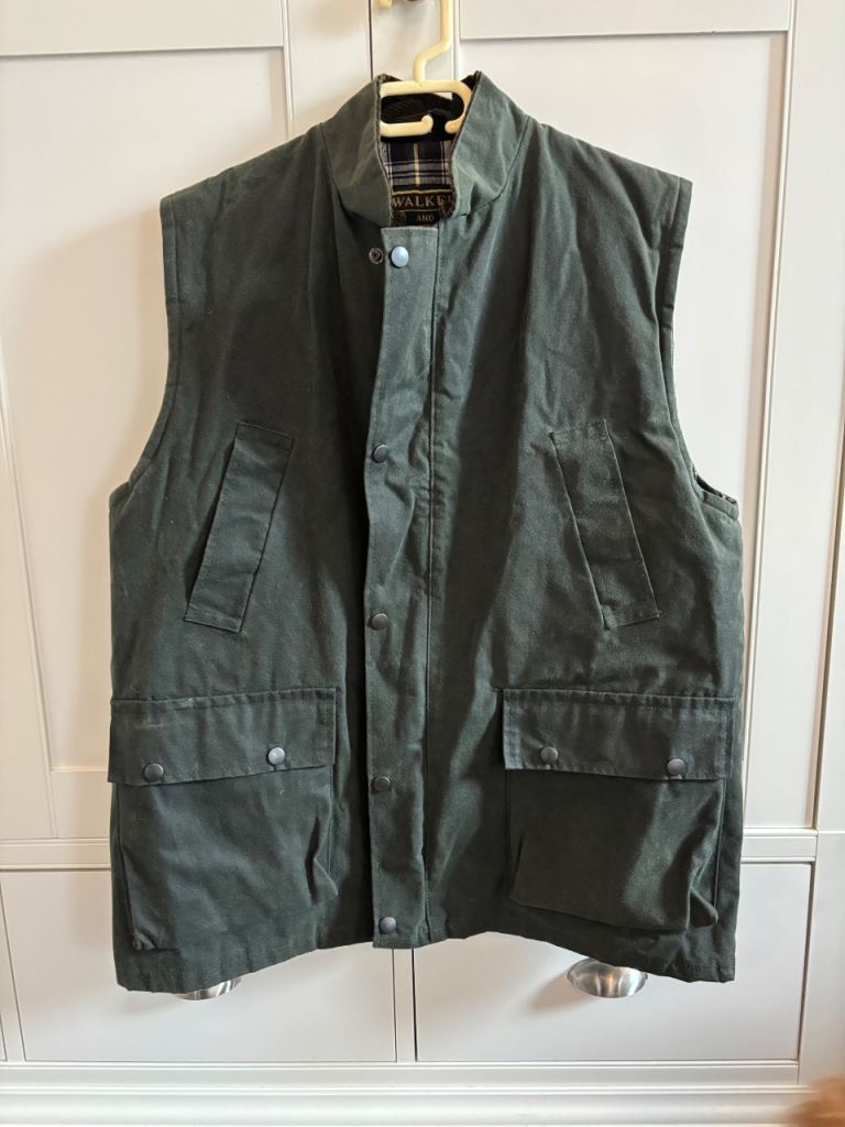 WALKER AND HAWKES Waxed Cotton Gilet / Vest – Green, Good Condition