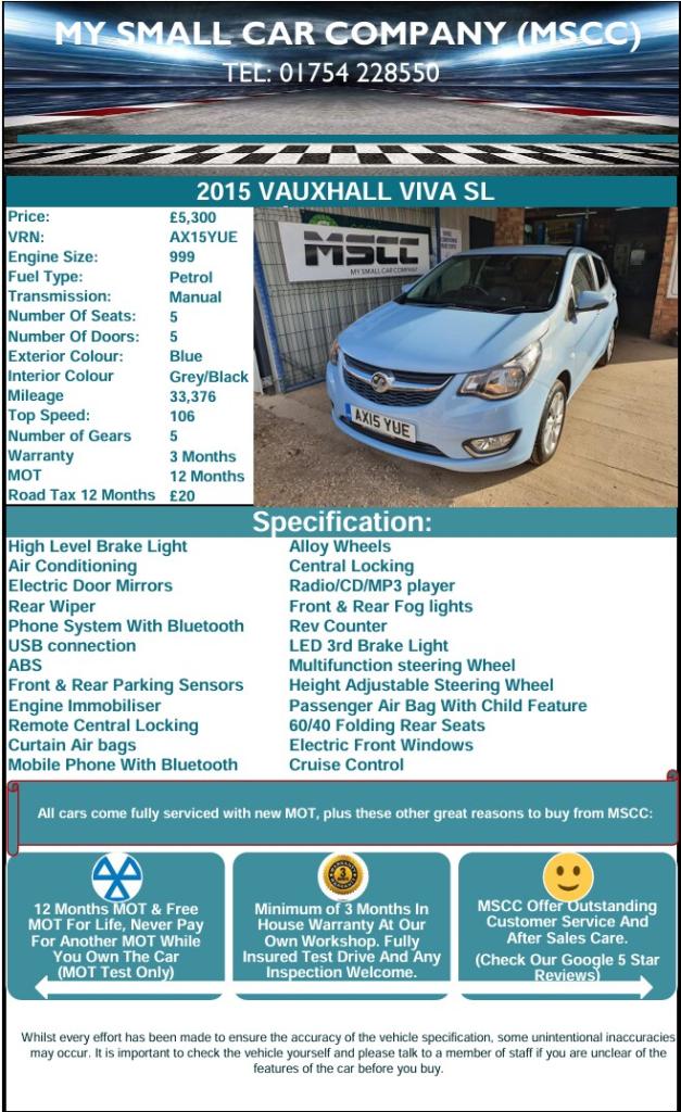 2015 Vauxhall Viva 1.0 SL 5dr HATCHBACK Petrol Manual