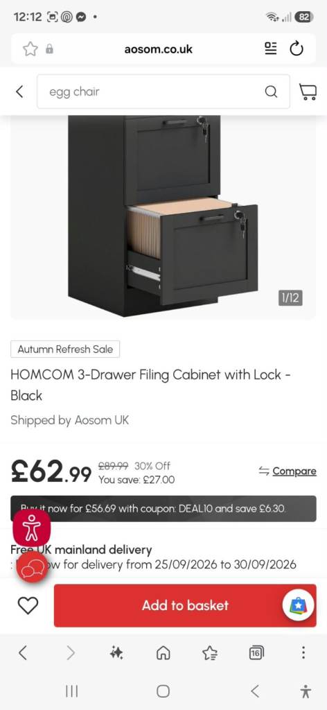 HOMCOM 3-Drawer Filing Cabinet with Lock – Black