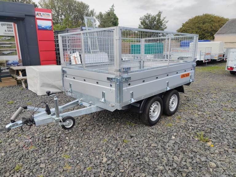 BRAND NEW 8,2FT X 5FT TWIN AXLE TRAILER WITH DROP DOWNSIDES WITH 60CM MESH 1300KG BRAKED