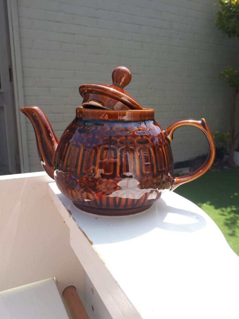 Vintage Polish Pruszkow Pottery Ceramic Brown Patterned Treacle Glaze Teapot tekanna Aztec pattern