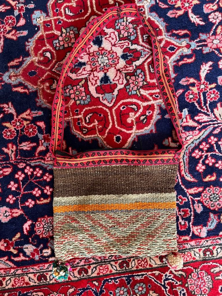 Unique Woven Fabric Shoulder Bag with Pom Poms