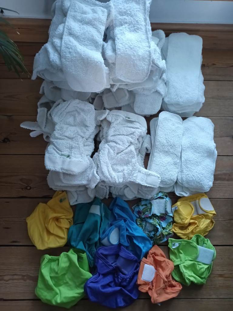 image for Reusable nappies bundle (good used condition) - Little lamb size 1 & 2 with fleece liners and wraps