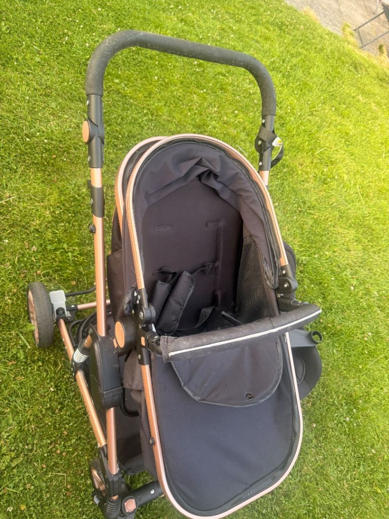 Black and Rose Gold Travel System with Car Seat – Good Condition