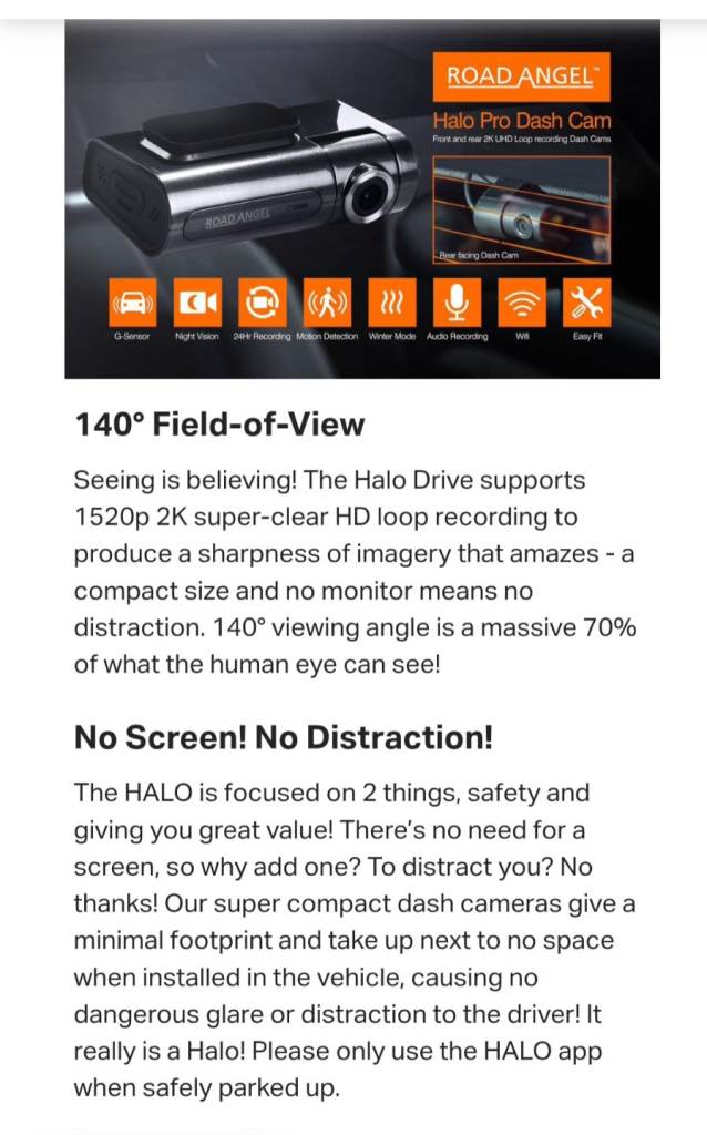 REDUCED FOR QUICK SALE Road angel halo pro dash camera 