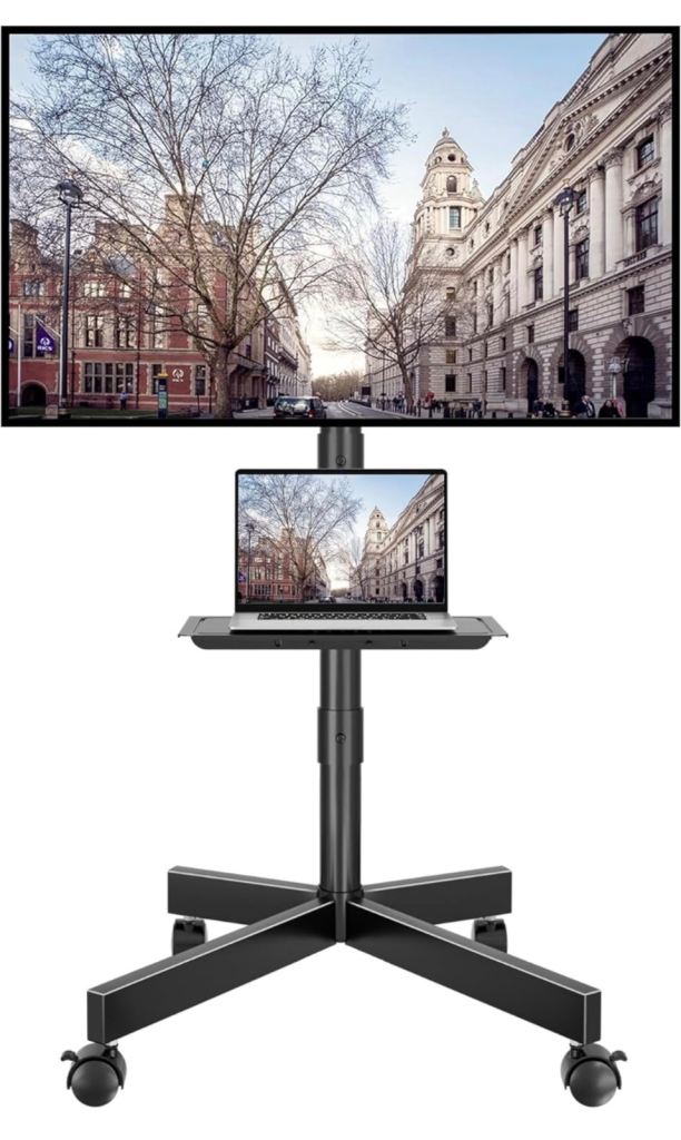BONTEC Mobile TV Stand on Wheels, Rolling TV Cart with Media Shelf, TV Mount