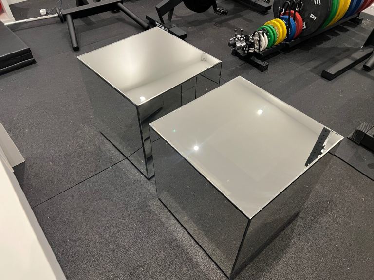 Pair of Mirrored Cube Side Tables / Bedside Tables 