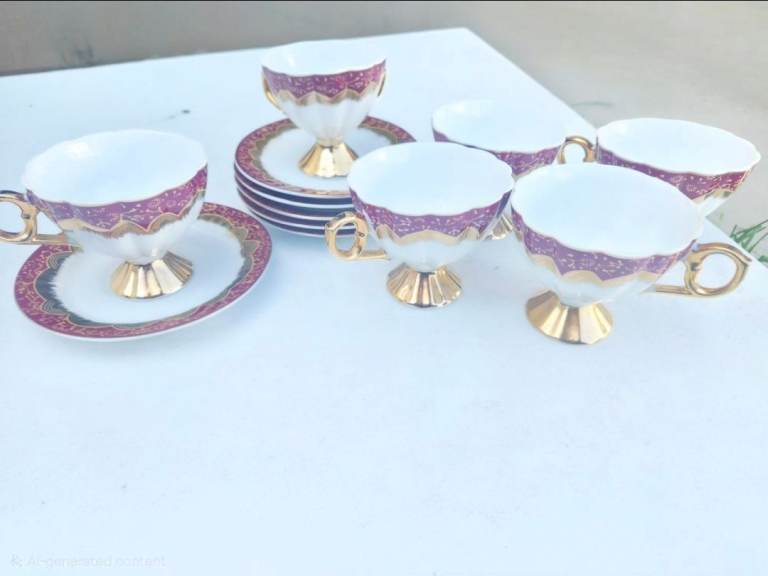 Vintage Yamasen Japan 'Gold Collection' Pedestal Teacups & Saucers – Complete Set of 6
