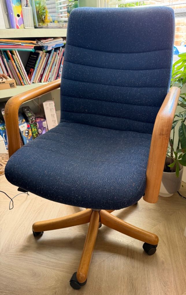 Blue Office Chair with Wooden Arms – Good Condition