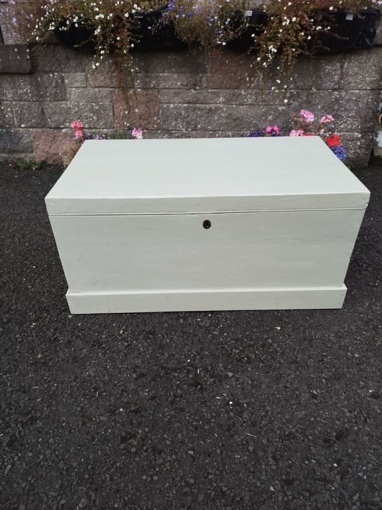 Lovely large Antique Pine Kist Blanket Box stripped interior, painted pale green/grey colour 