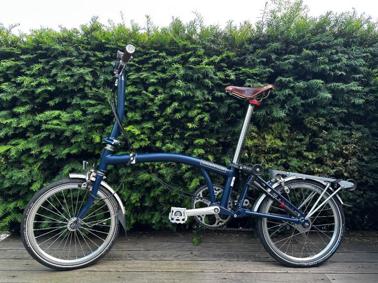 Brompton folding bike S3RU navy, 3 speed, brooks leather saddle