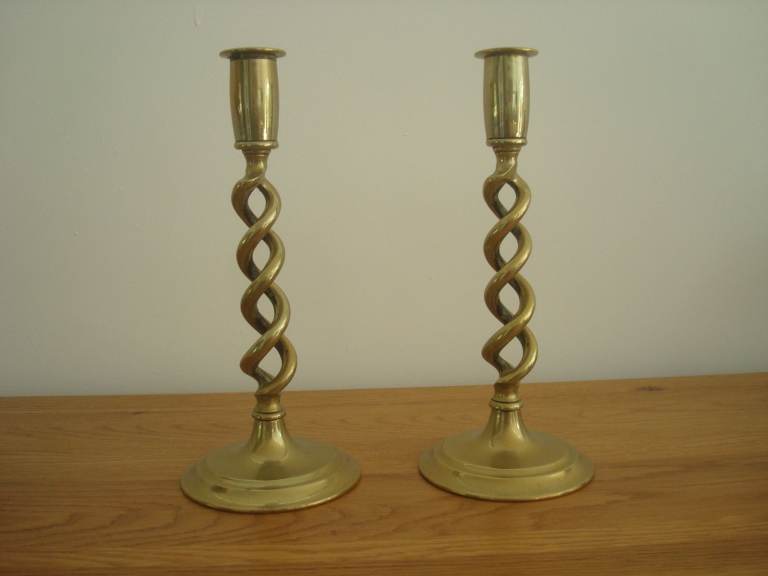 BRASS CANDLESTICKS - ANTIQUE - OPEN BARLEY TWIST DESIGN
