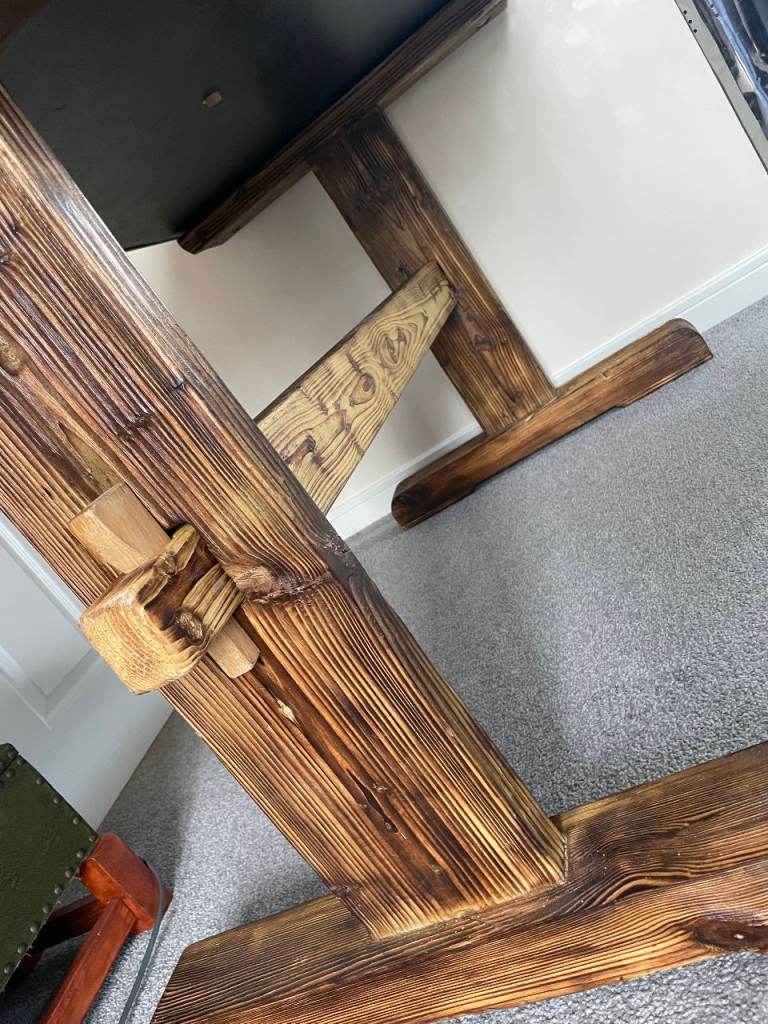 Handcrafted Solid Wood Medieval Trestle Table Legs / Base – Oak Wedges & Adjustable Oak Feet