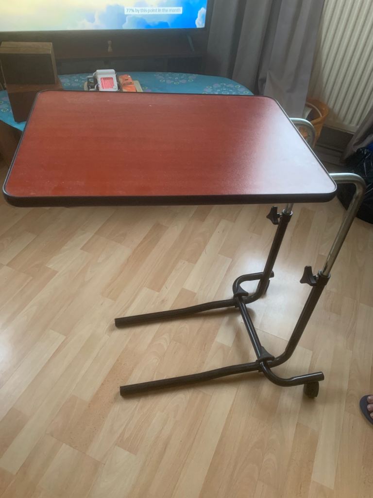 Adjustable Overbed Table with Wheels – Brown Top, Good Condition