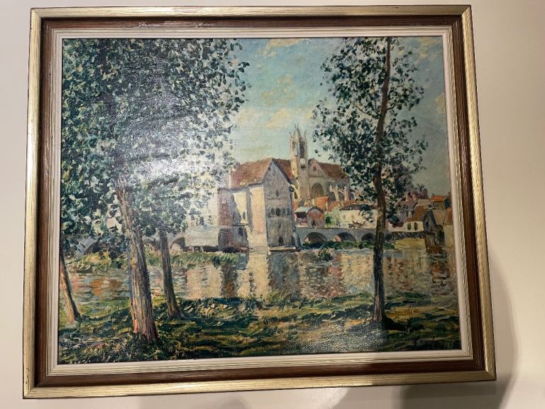 Large Vintage Oil Painting of French Chateau