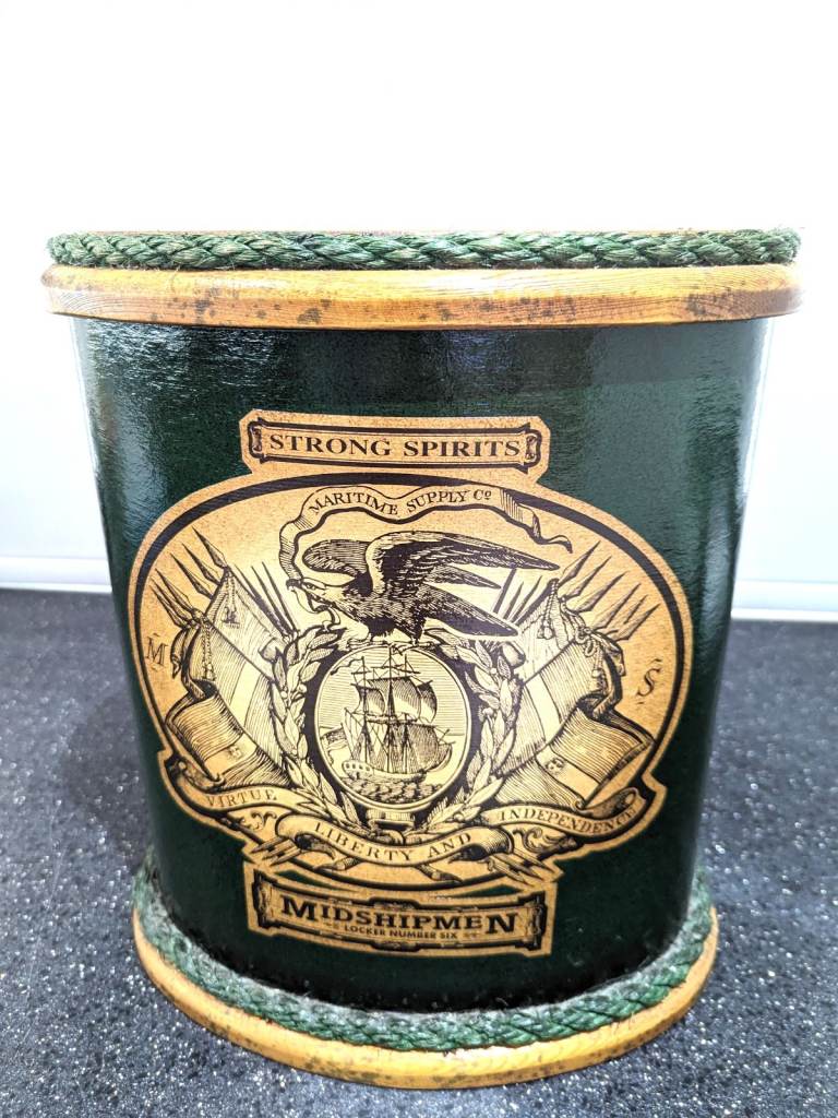 VINTAGE TALL GREEN OVAL WOOD STORAGE BOX BIN LID MARITIME SUPPLY CO SHIP THEME